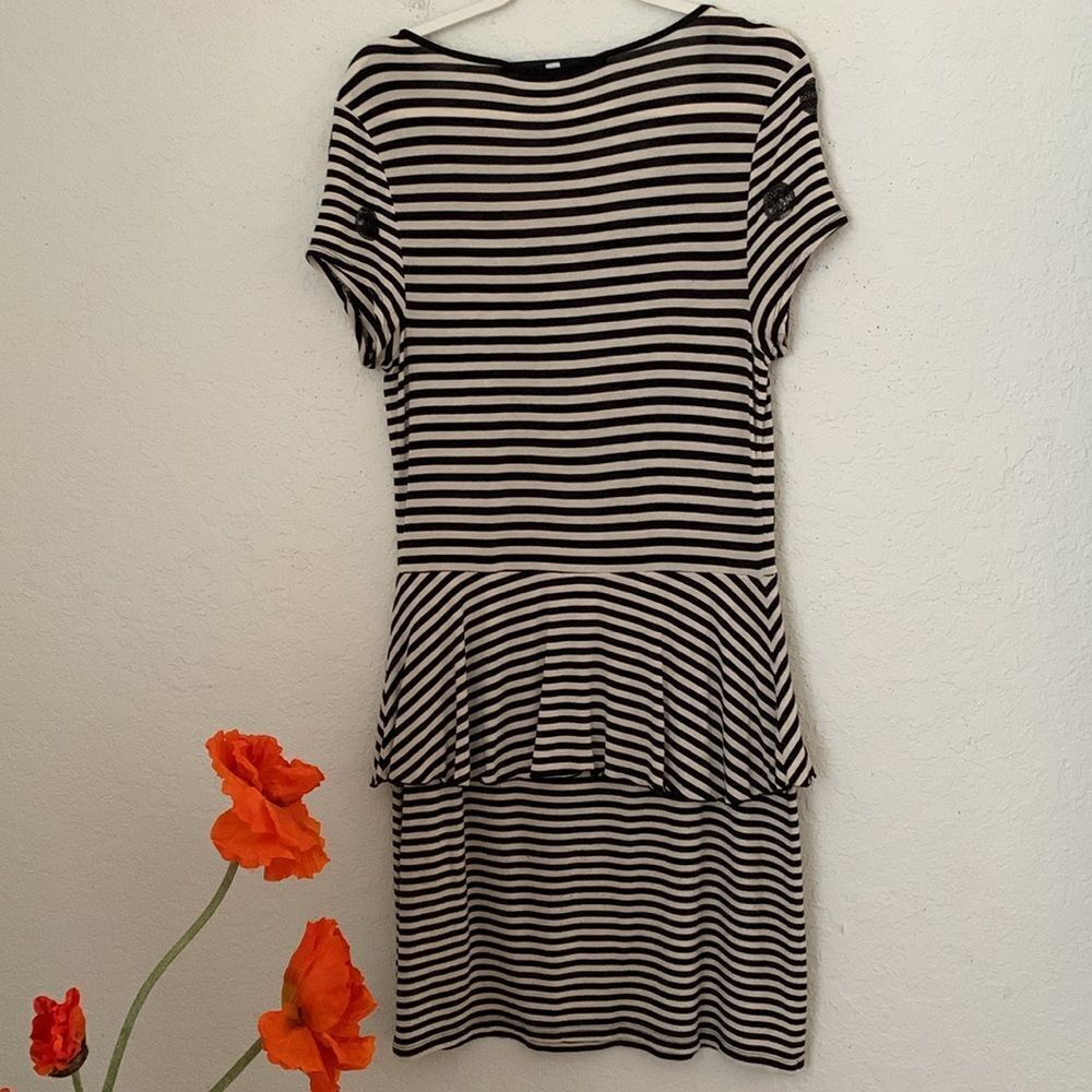 Kensie Black White Striped Short Sleeve Sequin Dot Dress Size M - Picture 2 of 6